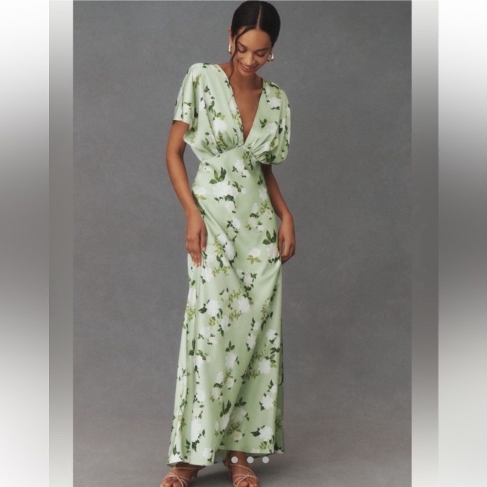BHLDN Leila Deep-V Flutter Sleeve Satin A-Line Gown